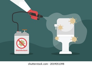 Disinfectant vector concept. Hands spraying disinfectant to dirty toilet with virus