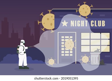 Disinfectant vector concept. Man in protective suit spraying disinfectant on night club building