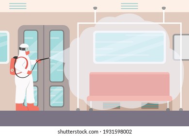 Disinfectant vector concept: Person with protective suit spraying disinfectant in a train