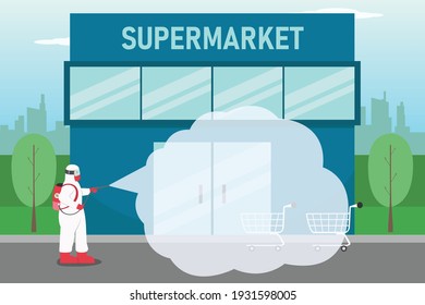 Disinfectant vector concept: Person spraying disinfectant at a supermarket while wearing protective suit