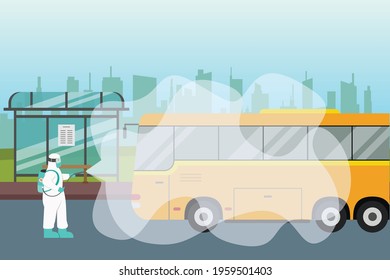 Disinfectant vector concept: Young man spraying disinfectant to the public bus while wearing protective suit