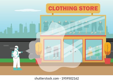 Disinfectant vector concept: Young man spraying disinfectant in the clothing store while wearing protective suit