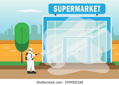 Disinfectant vector concept: Young man spraying disinfectant in the supermarket while wearing protective suit