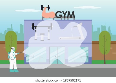 Disinfectant vector concept: Young man spraying disinfectant in the gym while wearing protective suit