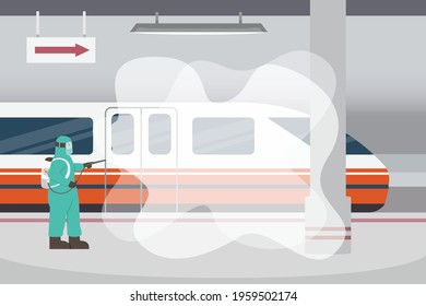 Disinfectant vector concept: Young man spraying disinfectant to the train in station while wearing protective suit