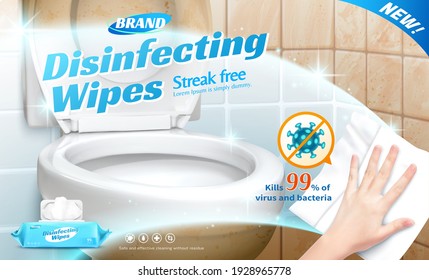 Disinfectant Wipes Ads Template, Realistic Hand Using Disinfectant Wipe To Clean Dirty Toilet Seat And Tiled Wall With No Bacteria Sign, 3d Illustration