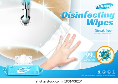 Disinfectant Wipes Ads Template, Realistic Hand Using Disinfectant Wipe To Clean Dirty Bathroom Sink With Kill Bacteria Symbol, 3d Illustration