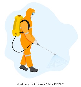 Disinfectant worker disinfecting virus wearing hazmat suit, preventive measures purpose.