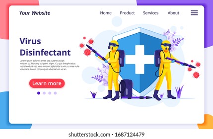 Disinfectant worker in hazmat suits sprays cleaning and disinfecting covid-19 coronavirus cells. protection from virus concept. Modern flat web landing page design template. Vector illustration