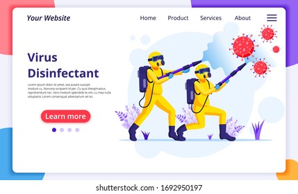 Disinfectant worker team in hazmat suits sprays cleaning and disinfecting covid-19 coronavirus cells. protection from virus concept. Modern flat web landing page design template. Vector illustration