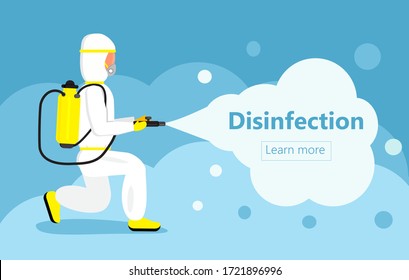 Disinfectant worker is wearing protective mask and suit. Man is carrying gas cylinder for disinfection of area. Toxic and chemicals protection vector. Spraying of antiseptic or sanitize smoke.