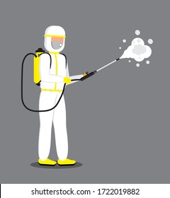 Disinfectant worker is wearing protective mask and suit. Man is carrying gas cylinder for disinfection of area. Toxic and chemicals protection vector. Spraying of antiseptic or sanitize smoke.
