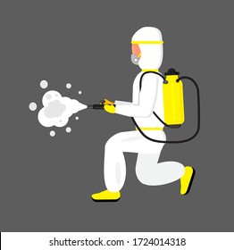 Disinfectant worker is wearing protective mask and suit. Man is carrying gas cylinder for disinfection of area. Toxic and chemicals protection vector. Spraying of antiseptic or sanitize smoke.