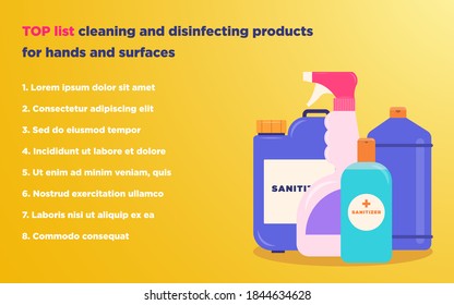 Disinfectants and antiseptics Vector illustration in flat design Poster and banner template with different bottles and jars with sanitizers on bright yellow backdrop