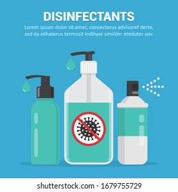 Disinfectants. Gel sanitizer, liquid soap and spray in a flat design