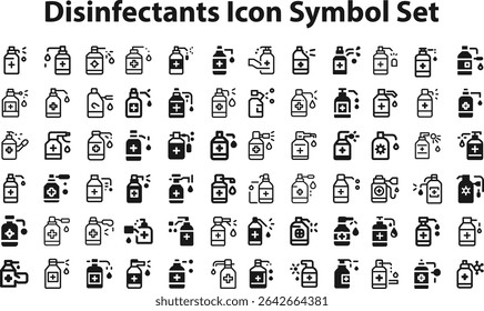 Disinfectants Icon Symbol Set.eps. collection, sketches, logo illustrations, web symbols, outline style pictograms package isolated on white background. Vector graphics. stock illustration