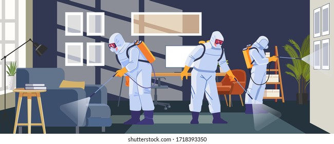 Disinfecting Anti Coronavirus In Business Office As A Prevention Against Coronavirus Or COVID-19 Pandemic. Cartoon, Flat Style Vector Illustration.