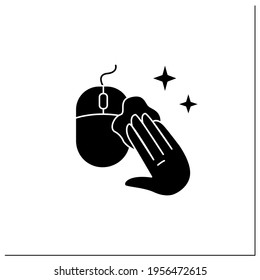 Disinfecting computer mouse glyph icon. Safety workplaces. Surface disinfection. Safety space and preventative measures.Filled flat sign. Isolated silhouette vector illustration