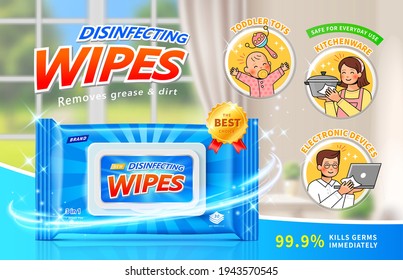 Disinfecting wet wipes ad in 3d illustration. Layout design with cute family symbols and blurry home scene background. Safe for everyday use concept.