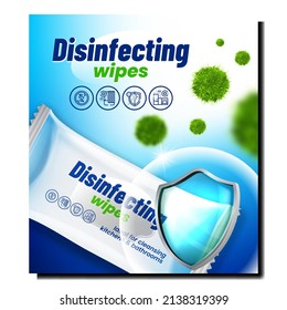 Disinfecting Wipes Creative Promo Banner Vector. Disinfecting Wipes Blank Packaging For Killing Bacteria Advertising Poster. Care And Protective Accessory Style Concept Template Illustration