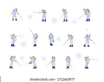 Disinfecting work teams wear protective masks and spacesuits against pandemic coronavirus or covid-19 sprays. Cartoon style vector illustration isolated on white background