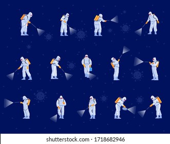 Disinfecting workers wear protective masks and spacesuits against pandemic coronavirus or covid-19 sprays. Cartoon, flat style vector illustration.