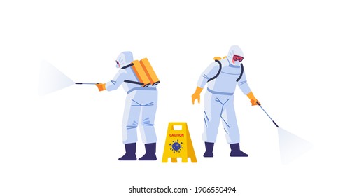 Disinfecting workers wear protective masks and spacesuits against pandemic coronavirus or covid-19 sprays. COVID-21 Coronavirus disinfect. Cartoon style vector illustration isolated background.