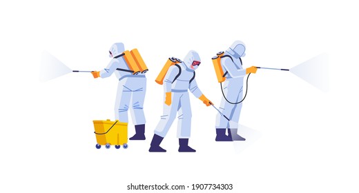 Disinfecting workers wear protective masks and spacesuits against pandemic coronavirus or covid-19 sprays. COVID-19 Coronavirus disinfect. Cartoon style vector illustration isolated background.