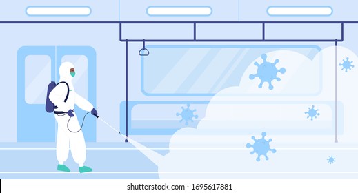 Disinfecting works in railway transport character flat concept vector illustration. A man in special protective suit in the subway sprays with chemical disinfectant from backpack, removing coronavirus