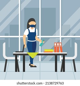 Disinfecting workspace Concept, Sanitizing Desk and chairs vector icon design, Industrial cleaning service symbol, office and street caretaker Sign, maintenance appliance and equipment stock 