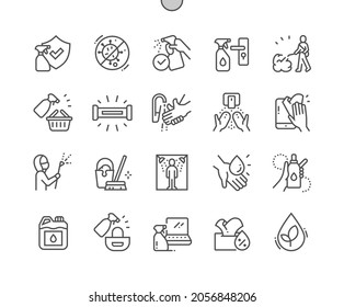 Disinfection. Antibacterial. Hand sanitizer. Wet cleaning. Protective, bacteria, chemical, virus, medicine and hygiene. Pixel Perfect Vector Thin Line Icons. Simple Minimal Pictogram