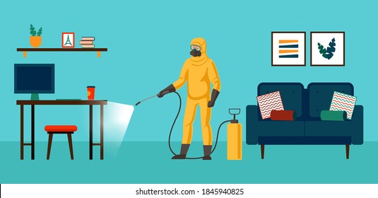 Disinfection of apartments. A cleaning worker in a chemical protection suit treats the surfaces of the house with a disinfectant spray.