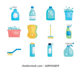 disinfection bottles and cleaning elements icon set over white background, flat style, vector illustration