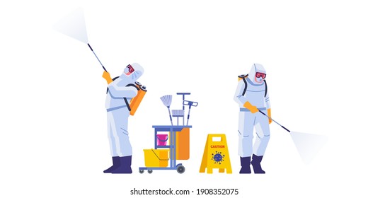 Disinfection by commercial disinfecting services, surface treatment from pandemic coronavirus. Disinfectant workers wear protective mask and suit sprays covid-19. Vector illustration.