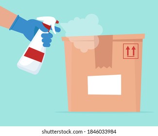Disinfection by sanitizer to delivery box. Safe delivery concept. Vector illustration in flat style