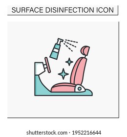 Disinfection of car seat color icon. Sanitizing to personal transport. Safety space and preventative measures. Preventing virus spread concept. Isolated vector illustration