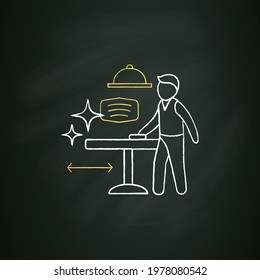 Disinfection chalk icon.Employee disinfect tables. Wet cleaning.Furniture disinfect.Regulation through covid19. Restaurants new normal concept.Isolated vector illustrationon chalkboard