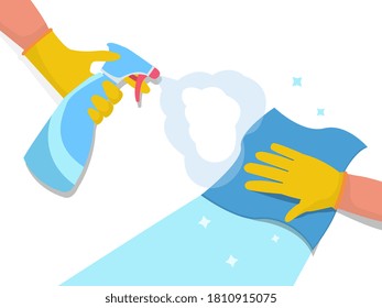 Disinfection and cleaning concept with a gloved hand spraying anti-bacterial spray from an atomiser bottle, colored vector illustration