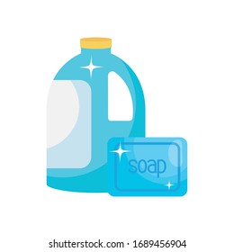 disinfection and cleaning elements, soap bar and bottle icon over white background, flat style, vector illustration