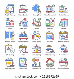 Disinfection and cleaning icons set. Collection cleaning icons such as hygiene, disinfection, cleaning, washing, modern style vector illustration