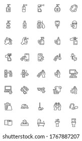 Disinfection and cleaning line icons set. Hygiene linear style symbols collection, outline signs pack. vector graphics. Set includes icons as hand sanitizer spray, antibacterial gel, disinfectant 