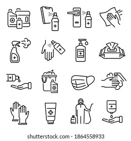 Disinfection, cleaning, sanification thin line icons set isolated on white. Antiseptic, cleanser, gloves outline pictograms collection. Desinfector, hand washing vector elements for infographic, web.