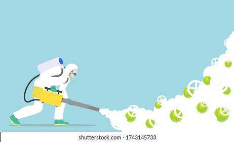 Disinfection cleaning service, A worker who wears a protective mask and suit is killing virus disease by his fogging machine. Vector illustration.