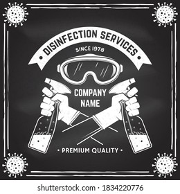 Disinfection And Cleaning Services Badge, Logo, Emblem. Vector. For Professional Disinfection And Cleaning Company. Vintage Design With Mask And Hands In Gloves Holds Bottles Of Antiseptic Spray