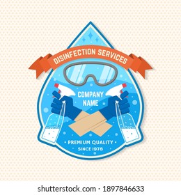 Disinfection and cleaning services patch, logo, emblem. Vector For professional disinfection and cleaning company. Vintage design with mask and hands in gloves holds bottles of antiseptic spray