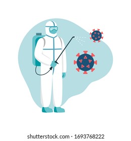 Disinfection cleaning vector flat illustration. A man in a sterile suit disinfects the room from a coronavirus. Covid-19 protection. Bacterial infection concept.