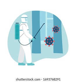 Disinfection cleaning vector flat illustration. A man in a sterile suit disinfects the room from a coronavirus, side view. Covid-19 protection. Bacterial infection concept.