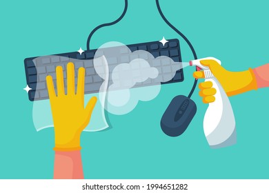 Disinfection of a computer. Man wipes the keyboard and mouse with a napkin. Cleaning surface. Hygiene home. Cleaning and disinfection. Vector illustration flat design. Housekeeping service concept.