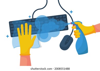 Disinfection of a computer. Man wipes the keyboard and mouse with a napkin. Cleaning surface. Hygiene home. Cleaning and disinfection. Vector illustration flat design. Housekeeping service concept.