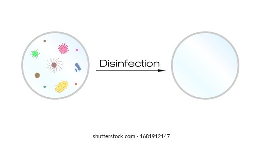 disinfection concept before and after. two double-dishes with bacterias and without the result of disinfection. vector illustration on white background 